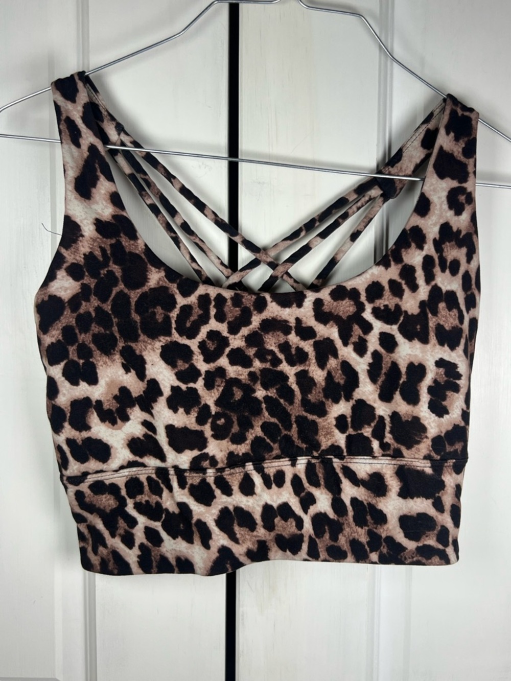 Leopard Print Crisscross Sports Bra Crop Top - Brown & Black S/M